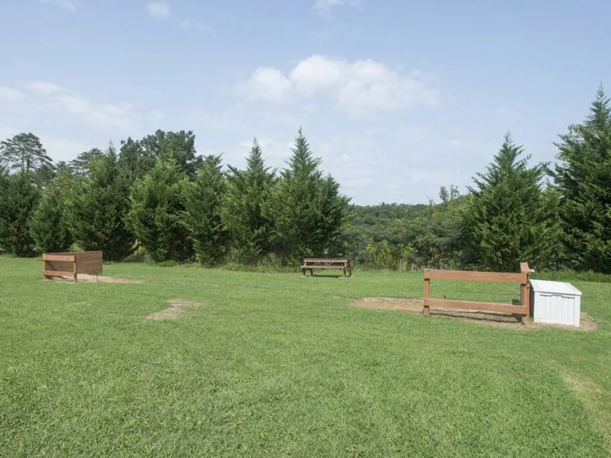 This peaceful scene features wooden benches nestled in a grassy, tree-lined open area. It’s an inviting spot for picnics, morning coffee, or gathering with friends and family amidst lush greenery.