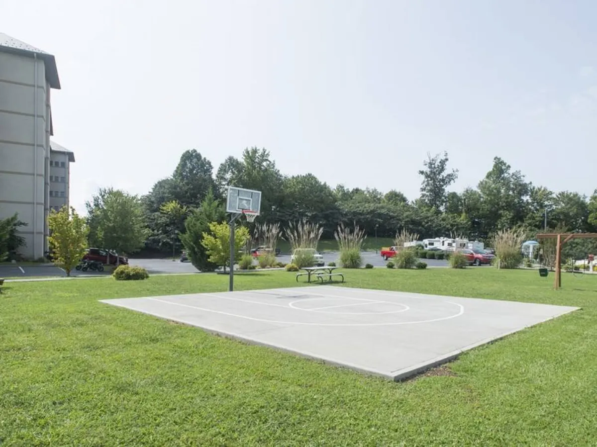 A vibrant outdoor basketball court sits on a lush green lawn surrounded by trees. The court is inviting for energetic basketball games, while the open space and trees provide a relaxing backdrop for picnics and gatherings.